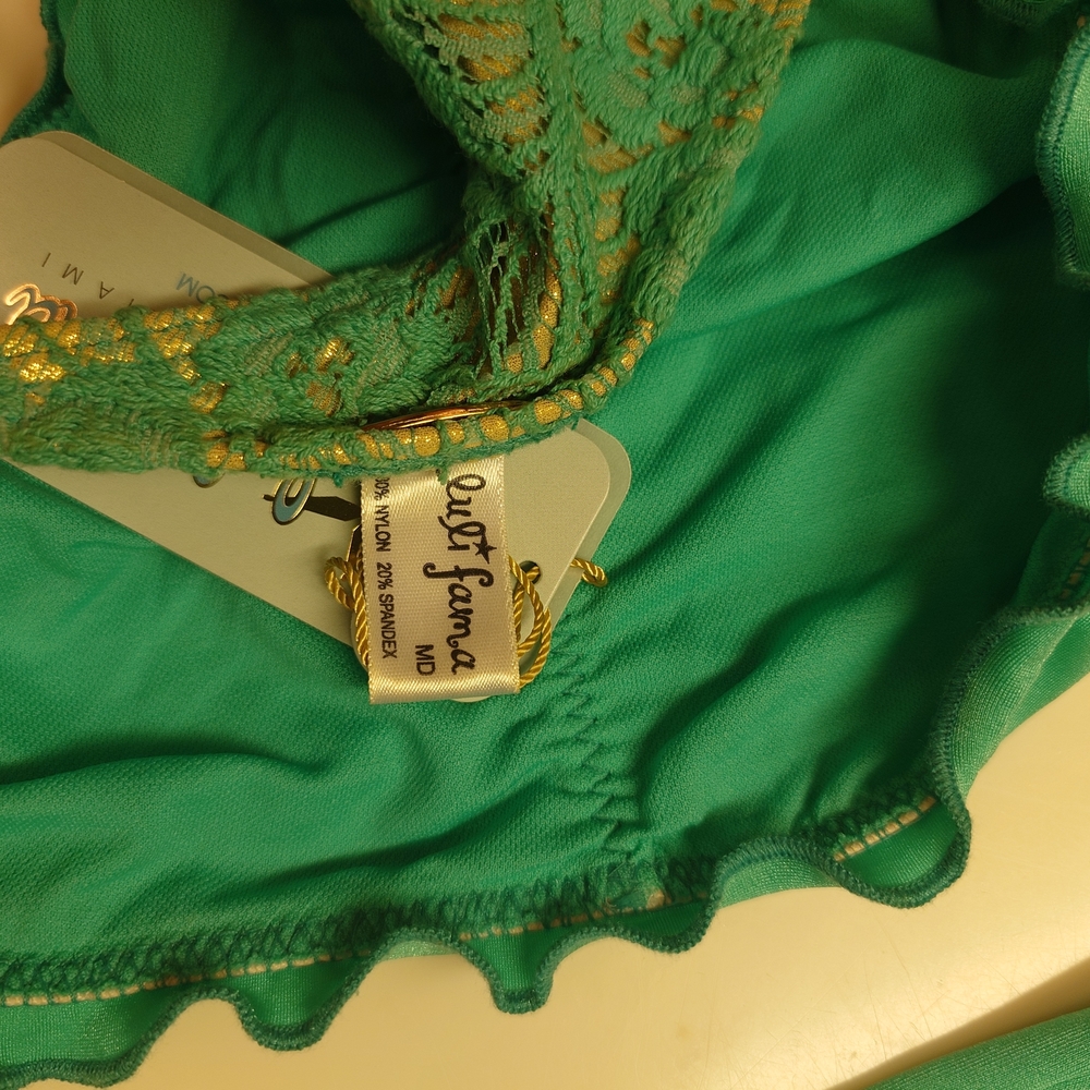 Flaw NWT Gold & Green LULI FAMA Crochet Halter Top DD Tie-Side Bikini SwimSuit M - Picture 8 of 15